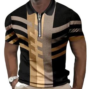 Camisa de hombre al por mayor de fábrica, 100% poliéster, con cremallera, estampado a rayas, casual, con solapa, para golf, de secado rápido, de media manga. - Product Image 4