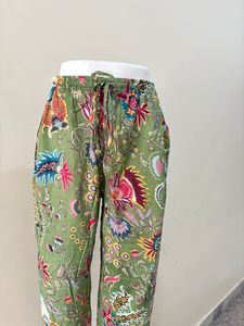 Tropical Bloom Cotton Pants Green <b>Garden</b> Boho <b>Trousers</b> Wildflower Print Lounge Pants - Product Image 2