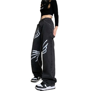 Emo Black Jeans Gothic Black Straight <b>Baggy</b> <b>Trouser</b> Alt Wide Leg Denim Pants Print Goth Punk Gall Skull Hip Hop Casual Autumn - Product Image 2