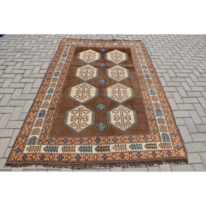 พรมขนสัตว์รูปทรงเรขาคณิตแบบดั้งเดิมสีน้ำตาลเบจ5.1x7.7ฟุตสี่เหลี่ยมผืนผ้างานเย็บปะต่อกันสำหรับตกแต่งห้องนอนยาง PP วิสคอส - Product Image 1