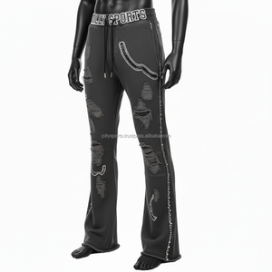 Premium Men Distressed Jogger Pant 320 GSM Tela de punto pesado con diamantes de imitación Stud Work Flared Style Wash pantalones de hombre - Product Image 3