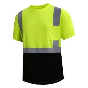 Erkek merhaba Vis yansıtıcı ekip boyun kısa kollu T Shirt yansıtıcı şerit kısa kollu Polyester kumaş ve omuz askıları