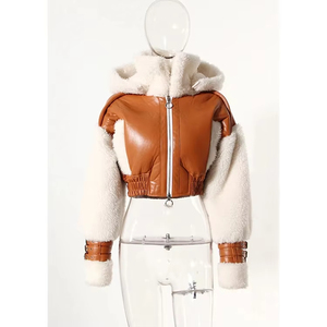 Faux <b>Fur</b> <b>Lined</b> Crop Bomber Jacket Short <b>Coat</b> With Hoodie 2025 - Product Image 1