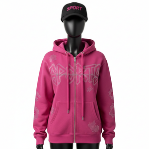 เสื้อฮู้ดซิปผู้หญิง ผ้าฟลีซนุ่ม 320GSM หลายสี ประดับคริสตัลติดด้วยความร้อน โลโก้แบบกำหนดเอง สไตล์สปอร์ต เสื้อฮู้ดซิปพื้นฐาน - Product Image 6