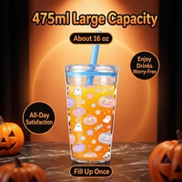 Gobelets en plastique transparent de 16 oz pour fêtes d'Halloween avec couvercle à vis, paille réutilisable, impression personnalisée, cadeaux