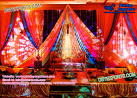 Décoration de scène de mariage Garba Night, siège nuptial, décor de scène de soirée Mehndi DJ vibrant, grand décor de scène musulman Henna léger et personnalisé