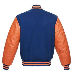 ROYAL Blue Wool Varsity Letterman Bomber Jacket with ORANGE Pure Leather Sleeves - Product Image 1