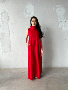 <b>Red</b> Long Linen Dress Sleeveless Maxi Dress Summer Linen Dress Kaftan with Pockets - Product Image 2