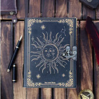 Carnet de notes vintage fait main à couverture rigide en papier, cadeau élégant pour hommes et femmes, motif demi-soleil et lune, reliure cousue, 7x5 pouces, 120 feuilles
