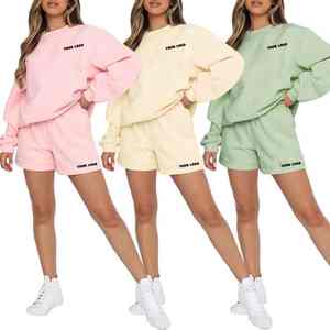 Summer Casual Knitting <b>Lace</b> Solid Pattern High Waist Drawstring Shorts Set with Short <b>Sleeve</b> Eco-Friendly Canvas Hoodies - Product Image 6