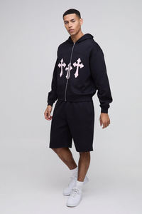 Ropa de calle Pantalones cortos de verano y conjuntos de sudadera con cremallera Logotipo de serigrafía 100% algodón de gran tamaño Heavyweight Twin Set para hombres - Product Image 6