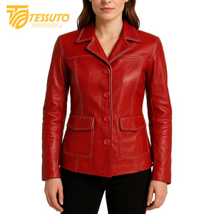 Chaqueta de motorista de cuero real para mujer, piel de oveja de anilina con cremallera, forro de viscosa acolchado rojo, bolsillos exteriores interiores - Product Image 4