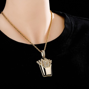Hip Hop élégant belles frites colliers incrusté strass Zircon solide frites forme pendentif pour hommes femmes fêtes bijoux - Product Image 5