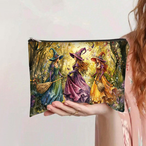 Sac cosmétique tendance pour femme en PU grande capacité avec fermeture éclair - Sac à main double face imprimé citrouille sorcière Halloween pour articles de toilette - Product Image 2