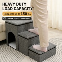 Escalier pour animaux de compagnie 3-en-1 détachable, tanière de rangement pour chat, rampe pliable pour chien (tissu en lin + panneau MDF) avec capacité de 150 lb