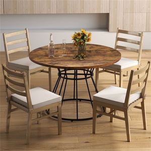 Brand New 47\" Brown Round Dining <b>Table</b> for 4-6 People Assembled and Extendable with Hourglass Metal Base and Curved Tabletop - Product Image 5