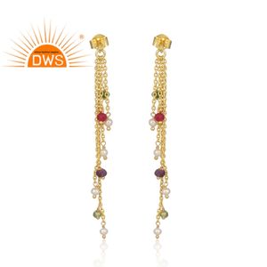 Meilleure vente de boucles d'oreilles en argent sterling plaqué or 18k naturel multi-pierres précieuses longue goutte demi bijoux fins fabricant - Product Image 4