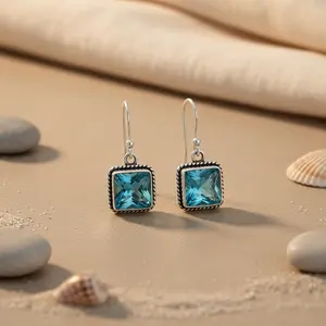 925 Silver Blue Topaz Square <b>Earrings</b> Women's Gold Plated Jewelry for Engagement Wedding Anniversary Party Pear Cut Diamond Main - Product Image 1