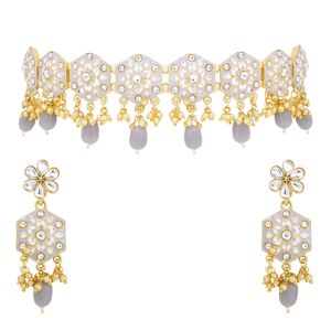 Indian Jewelry Gold Plated Ethnic Kundan Bridal Choker Necklace Earrings Maang Tikka <b>Jewellery</b> Set For Women, Grey - Product Image 5
