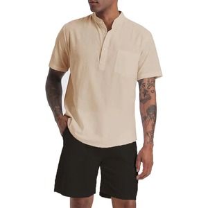 Conjunto de lino y algodón para hombre, camisas Henley, pantalones cortos, trajes de 2 piezas, ropa de playa, traje a juego de vacaciones, ropa de verano, manga de camisa - Product Image 2