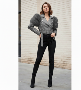 High Quality Women's Motorcycle Leather Jacket Dyed Finish Embroidery Pearls <b>Polyester</b>/Faux Fur Lining Viscose Lining Option - Product Image 3