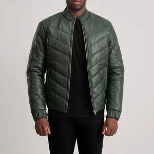 Veste matelassée en cuir verte personnalisée pour hommes Vente en gros de service OEM à col montant et fermeture à l'avant style hiver décontracté - Product Image 2