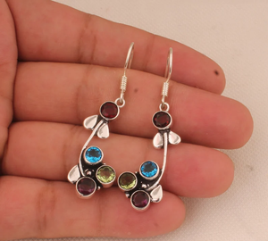 Boucles d'oreilles en quatre pierres multicolores pour femmes en argent sterling 925, faites à la main, pierres précieuses de taille ronde, cadeau d'anniversaire de mariage - Product Image 4