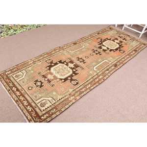 Turkish Vintage <b>Runner</b> Rug 3.4x9.5 ft, Brown <b>Green</b> Abstract Wool Rug - Product Image 2