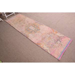 2.8x9.5 ft <b>Runner</b> Vintage Wool <b>Rug</b> Pink Patchwork Turkish <b>Rug</b> with Latex Backing - Product Image 3