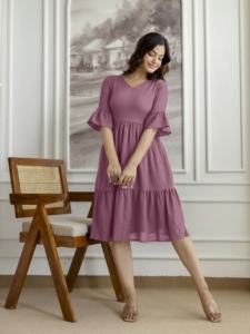 Trendmalls Women's Solid Crepe Flared Pleated Midi Western <b>Dress</b> with Natural Waist (V30-<b>Purple</b>) Plain Dyed - Product Image 3