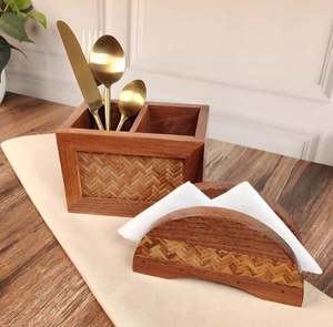 Hand Crafted Acacia Wood Chatai Cutlery & Tissue Holder Set Utensil Caddy Countertop Cutlery Holder Fork Spoon Knife Organizer - Product Image 2