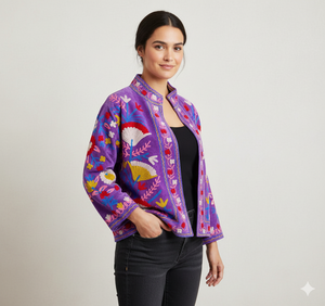 Manteau court pour femme en broderie Suzani, motif à carreaux, doublure en coton, taille unique, hiver - Product Image 3