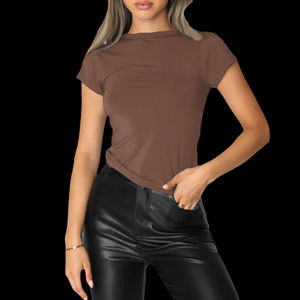 Femmes décontracté coupe ajustée à manches courtes couleur unie coton fibre de bambou haut court Logo personnalisé respirant écologique été rapide - Product Image 3