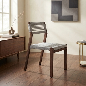 Chaise de salle à manger en corde tressée avec structure en bois de teck massif, chaise d'extérieur sans accoudoirs en corde grise pour patio et jardin, design artistique et décoratif - Product Image 4