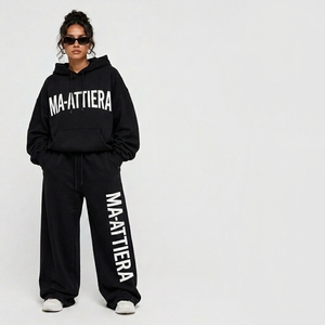 <b>Womens</b> Black Fleece Hoodie Tracksuit Set Pullover Sweatshirt Wide Leg Pants <b>White</b> Back Graphic Casual Streetwear Loungewear - Product Image 1