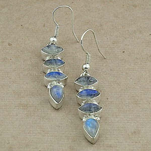 Boucles d'oreilles pendantes pour femmes en argent plaqué, serties d'opale, forme géométrique, style bohème, bijoux de mode pour le quotidien et les mariages - Product Image 2