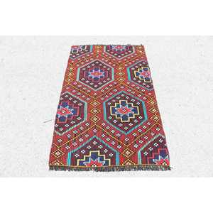 Tapis turc Kilim 2,9 x 4,9 pieds, tapis vintage abstrait rouge en laine - Product Image 1