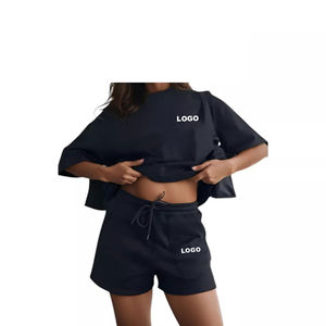 2025 été décontracté Premium femmes 2 pièces ensemble o-cou T-Shirt surdimensionné et brodé cordon Shorts couleur unie - Product Image 1