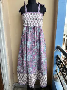 Vestido de algodón indio con estampado de bloques a mano, Vestido largo de algodón 100% con cuello cuadrado bordado Floral, túnicas - Product Image 2