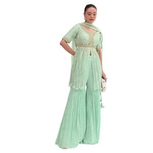 Georgette Kurta Sharara bleu menthe avec paillettes brodées et Dupatta pour fête, réception de mariage, tenue de fête - Product Image 3