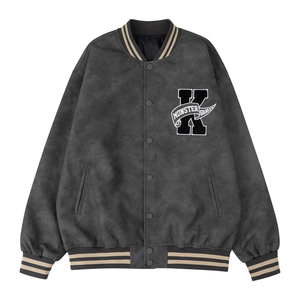 แจ็คเก็ตหนังสำหรับผู้ชาย, เสื้อโค้ทปักลายตัวอักษร "K" สีเทาทรงหลวมเสื้อเบสบอลวิทยาลัยแจ็คเก็ตบอมเบอร์สำหรับฤดูใบไม้ร่วงและฤดูหนาว - Product Image 1