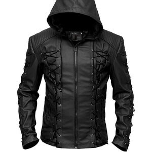 Veste d'hiver de motard noire élégante de haute rue avec capuche en cuir de peau de mouton lacets Hip Hop et veste à capuche de moto à fermeture éclair - Product Image 1