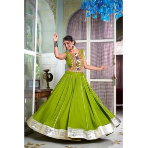 green garba dress Earthy Cowrie Work Chaniya Choli for Navratri main image 1