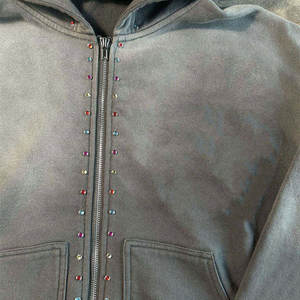 Custom Hoodies Embroidered Custom Men Rhinestone Hoodie Double Zip up Hooded Heavyweight High Quality Sun Faded Wash Sweatshirts - Product Image 3