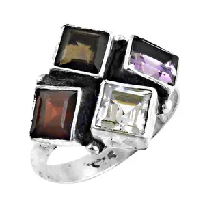 925 <b>Silver</b> Geometric Gemstone <b>Ring</b> for Women Statement Platinum Jewelry with Rhodium Plated Garnet Fine Plain <b>Ring</b> for <b>Men</b> - Product Image 2