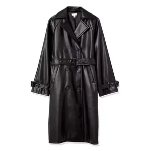 Veste longue à manches longues pour femmes à la mode, en cuir véritable, veste en simili cuir avec poche, tissu denim, 2026 - Product Image 6