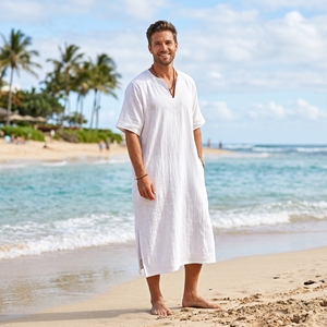 Men's <b>Summer</b> Linen <b>Kaftan</b> Breathable Resort Casual Long Top OEM ODM Wholesale Factory Custom Logo Low MOQ - Product Image 3