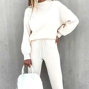 Women's Custom Two- Piece Casual Winter Wear Long Sleeve Solid Pattern Sweatshirt and Drawstring Jogging Pants One <b>Set</b> - Product Image 1