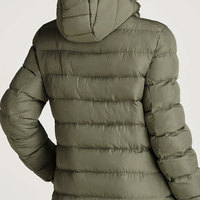 Blouson bomber matelassé vert olive pour femme avec logo brodé, manches longues, boutons recouverts, respirant, idéal pour l'hiver et les activités de plein air
