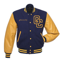 Blouson universitaire unisexe personnalisé Hiver 2026 coupe-vent 100% Laine, col montant, broderie, boutons en corne, manches tricotées, logo City sur le devant